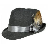 Fedora Hat – 12 PCS Wool-felt w/ Satin Ribbon Bow & Feather - Dark Gray - HT-AHA51777DGY